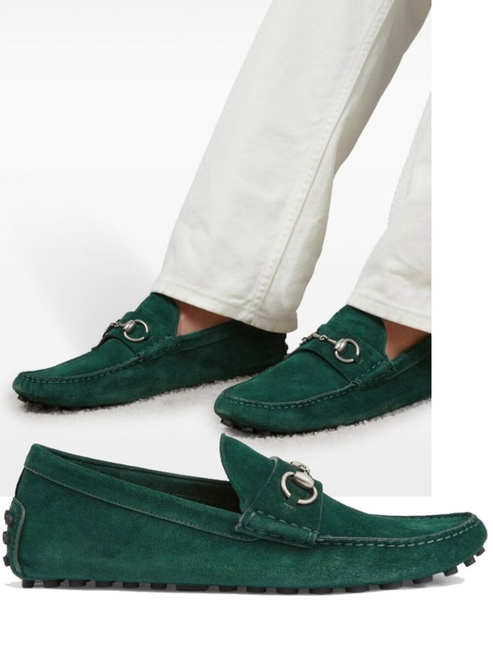GUCCI SHOES MENS DRIVER GREEN SUEDE w HORSEBIT PEBBLE SOLE